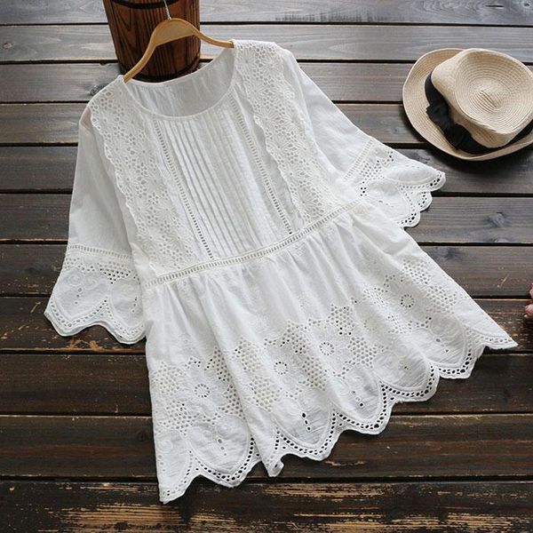 

summer women new big size japan style mori girl hollow lace embroidery o-neck white cotton blouse female loose long sleeve