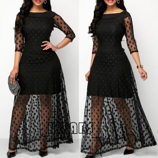 

casual dresses summer 2021 women black polka dot mesh long maxi dress beach ladies patchworktulle lace, Black;gray