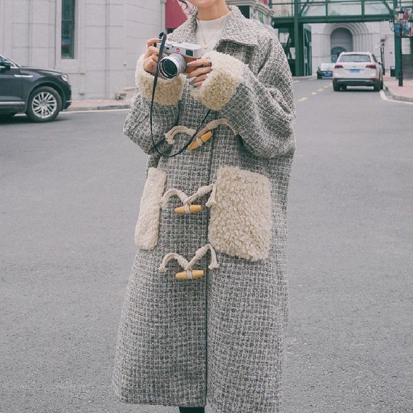 

women's wool & blends plaid winter coat women thick warm light grey casual long turn-down collar loose soft 2021, Black