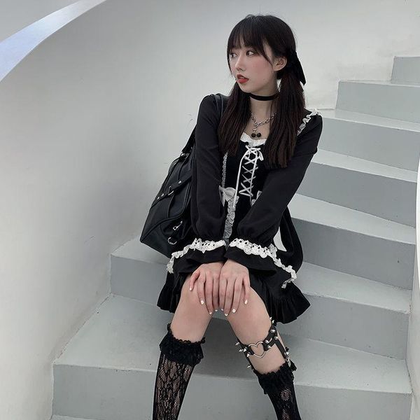 

casual dresses japanese lolita gothic dress girl patchwork vintage designer mini japan style kawaii clothes fall for women 2021, Black;gray