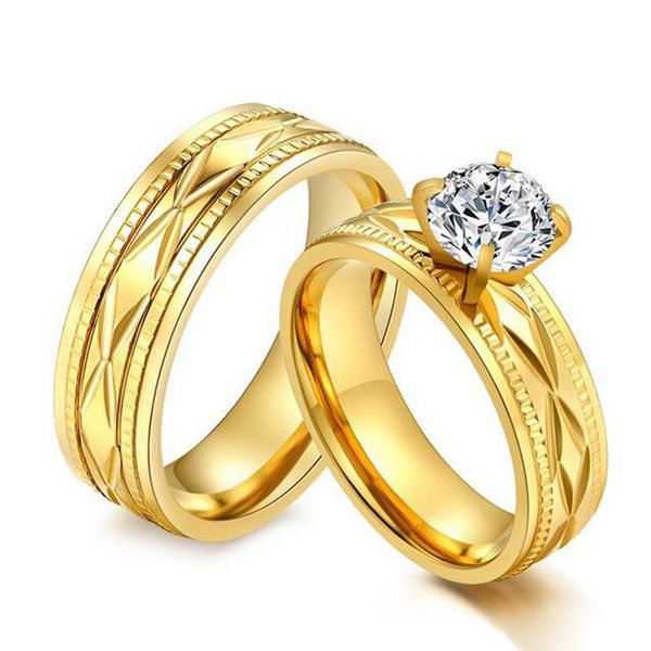 Anéis de casamento da cor dourada da cor-anel da cor-anel de anel de aço inoxidável em aço cúbico de zircônia de engajamento homens e mulheres amor