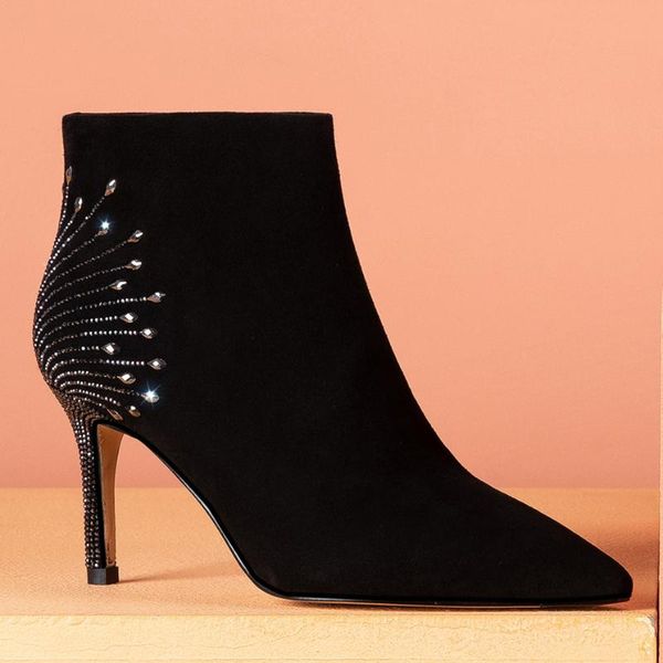 

boots women's natural suede leather thin high heel autumn ankle elegant ladies crystal evening bride dress heels shoes for women, Black