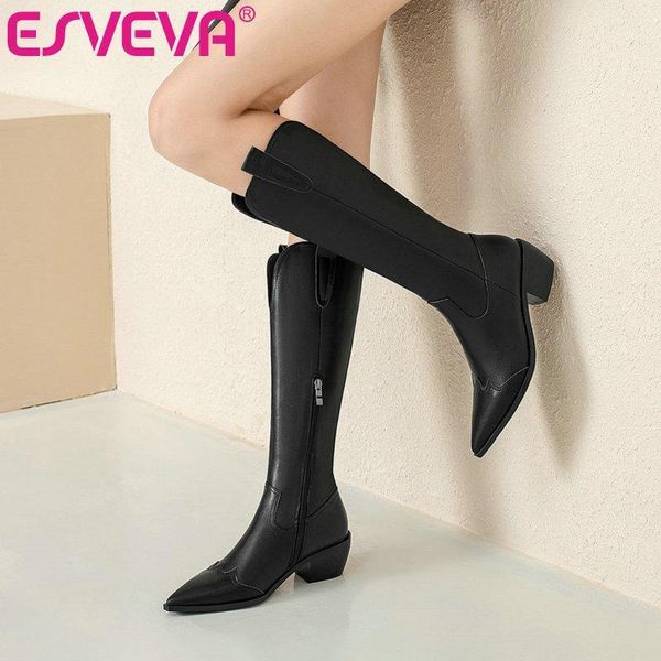 

boots esveva 2021 pointed toe western style zipper square med heel pu leather knee high platform women shoes size 34-431, Black