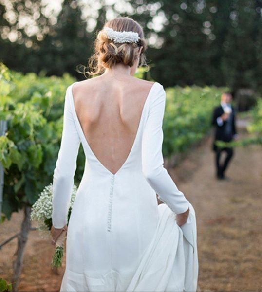 

country 2021 new es long sleeves bateau neck backless sweep train bohemia wedding bridal gowns with buttons ah0c, White