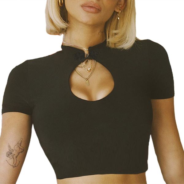 

women black short mouw basic t-shirt chinese retro slim hollow out top, White