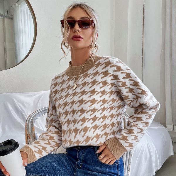 

2021 autumn winter women's loose sweater thousand bird check knitted, White;black
