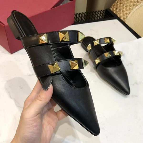 

sandals brand designer women's shoes gold rivet pointed toe slip on women summer slippers sandalias de mujer rb34, Black