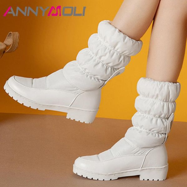 

boots annymoli platform flat snow woman short round toe shoes mid calf female warm winter black white large size 43