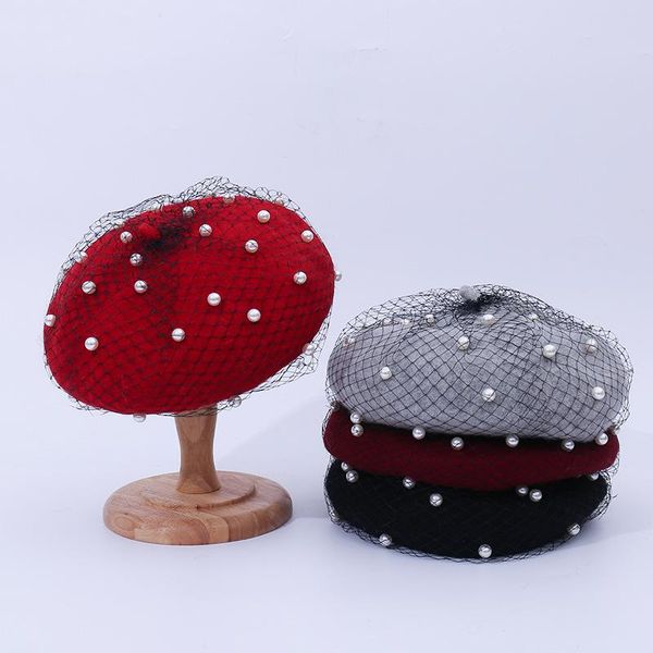 

berets women girl french pearl mesh warm wool beanie hat vintage plain beret hats solid color elegant lady winter caps hr122316, Blue;gray