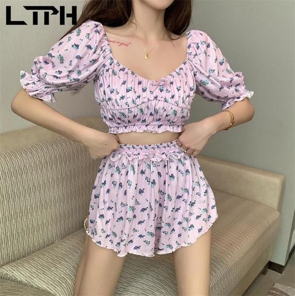 

women's tracksuits ltph french vintage floral two piece sets women ruffles puff sleeve short elastic high waist bow shorts 2021 summer, Gray