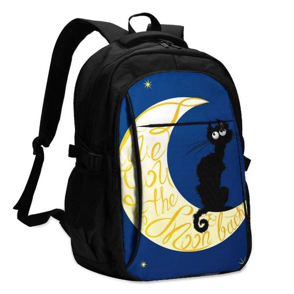 

backpack bags school for boy girl teenagercat on moon with i love you usb charge computer lapback pack