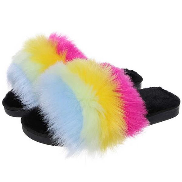 

color women fluffy slipper winter open toe plush s flat shoes warm furry casual home women sh595 210625, Black