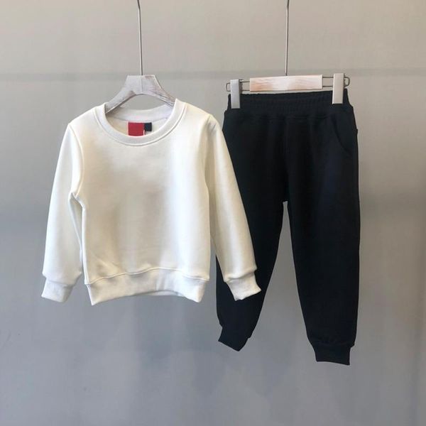 

round collar looped fleece girl boy kids cartoon sports clothes set hoodied coat pants spring fall outfitstracksuit suit f3yi, White