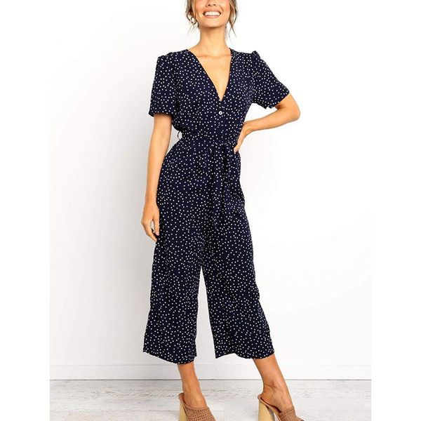 

women's jumpsuits & rompers spring summer v-neck long jumpsuit women vintage short sleeve polka dot fashion wide leg casual, Black;white