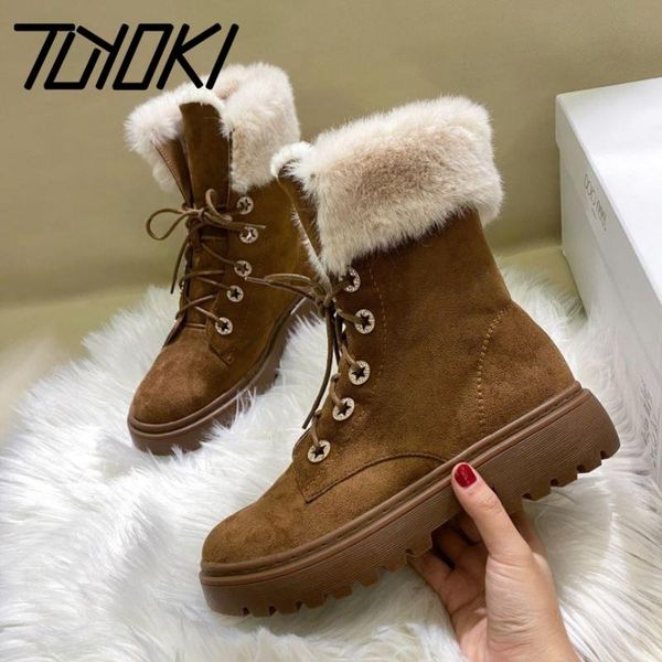 

boots tuyoki real leather women snow fashion platform cross strap warm fur winter shoes woman high heel short boot size 34-39, Black