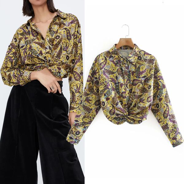 

Yellow 2021 New Printed Crop Top Woman Vintage Collared Long Sleeve Blouse Women Casual Elastic Waist Knotted Button Up Shirt Wtqs IFRV, White