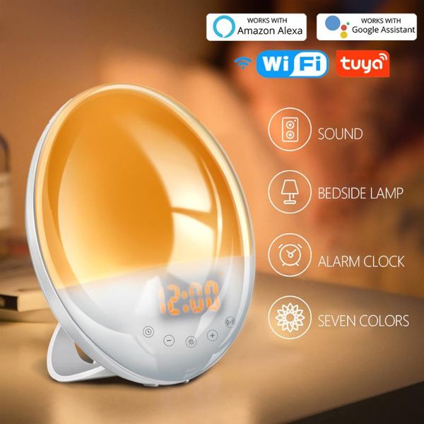 

other clocks & accessories wake up light sunrise alarm clock wifi smart 7 colors sunrise/sunset fm radio digital nightlight for alexa google