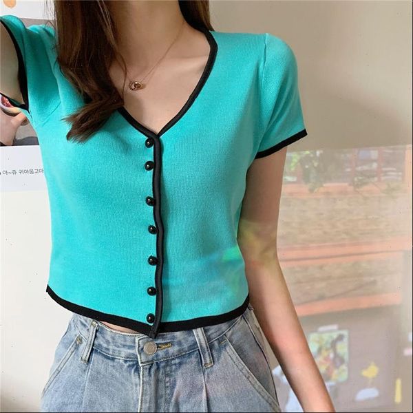 

5 colors women patched v neck knitted short sleeve cropped sweaters cardigans shirts lady thin cardigan crop for female, White;black