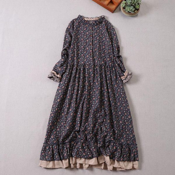 

casual dresses japan style mori girl literary print dress autumn 2021 o-neck long sleeve ruffle loose big hem printed female, Black;gray