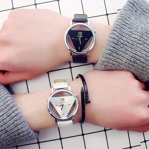 

wristwatches fashion hollowed triangle women quartz watches simple novelty and individualism creative wrist watch black white leather clock, Slivery;brown