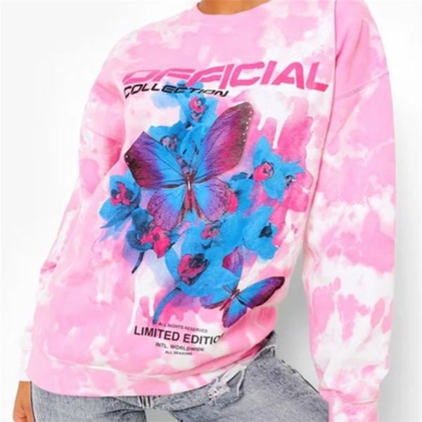 

pink autumn dress new round neck street fashion loose pullover butterfly tie dye printed women's sweater, Black