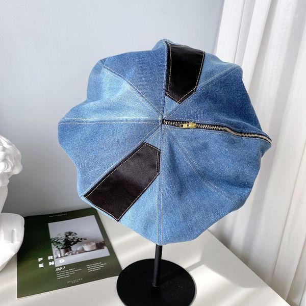 

berets fashion denim splicing pu zipper big clouds lady beret hat women leisure painter quality, Blue;gray