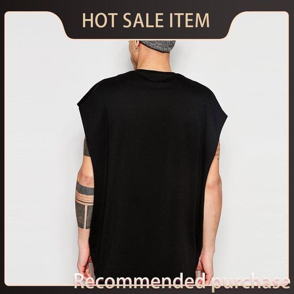 

crewneck shoulder men hip street t-shirt high loose trend jacket sports hop solid color sleeveless dropping men personality cfjcq, Black