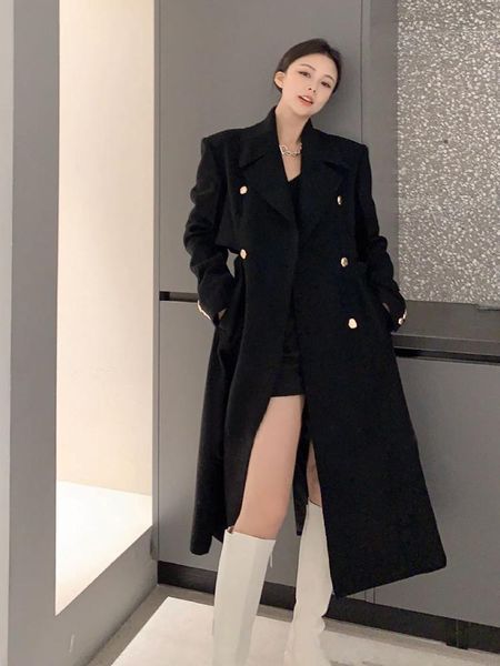 

women's trench coats womens mid-length cardigan coat long-sleeve lapel office lady solid color double breasted show waist, Tan;black