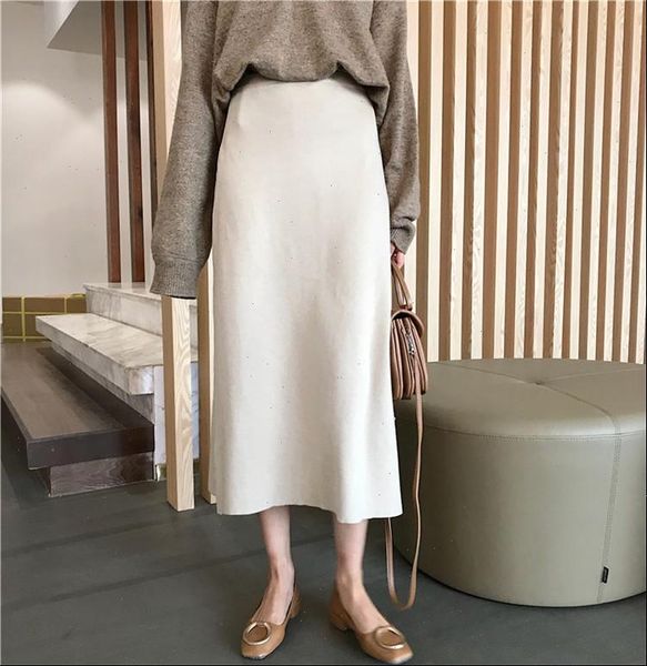 

2021 good quality slim hips knitted skirts for female solid color ankle length office lady elastic waist pencil skirts nice, Black