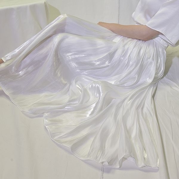 

silk satin skirt long woman casual women skirt pleated korean style chiffon beach summer skirts womens with elastic waist 210309, Black