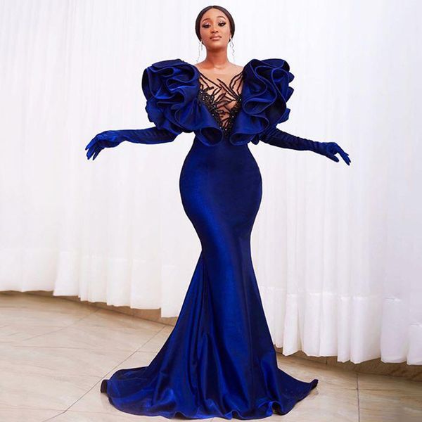

2021 royal blue mermaid evening dresses beading sheer neck prom dresses velvet formal party dress arabic aso ebi evening gown, Black;red