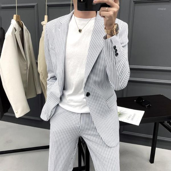 

striped two-piece loose suit men single breasted wedding groom tuxedos suits for business casual social costume homme men's & blazers, White;black