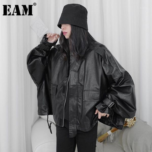 

women's jackets [] black oversized pu leather loose fit jacket stand neck long sleeve women coat fashion tide spring autumn 2022 1dd078, Black;brown