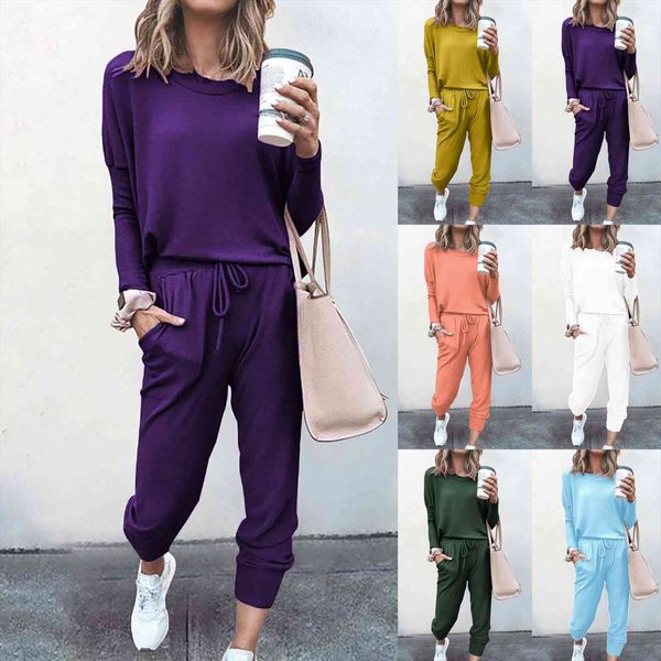 

two piece sports gym womens pants clothes suit casual solid color home wear set loose round neck long sleeved sweatshirt, White