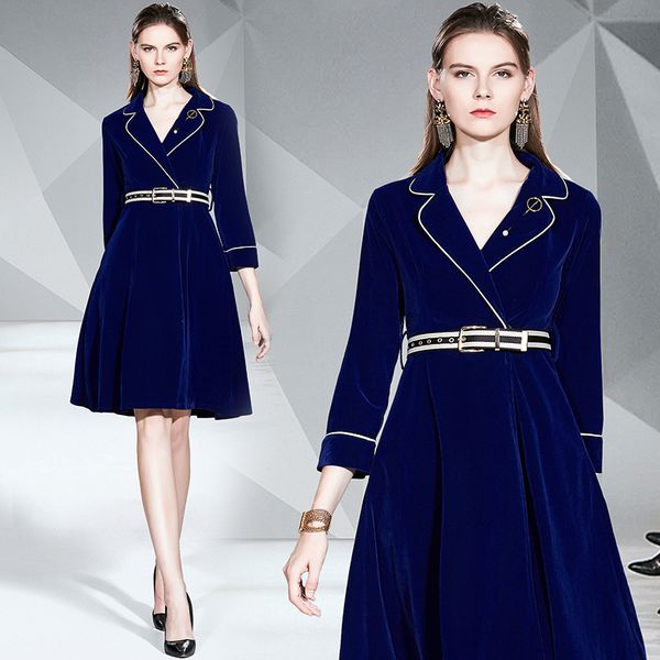 

skirt in winter light mature wind shows thin women's suit lapel with belt high-end veet big swing windbreaker dress, Black;gray