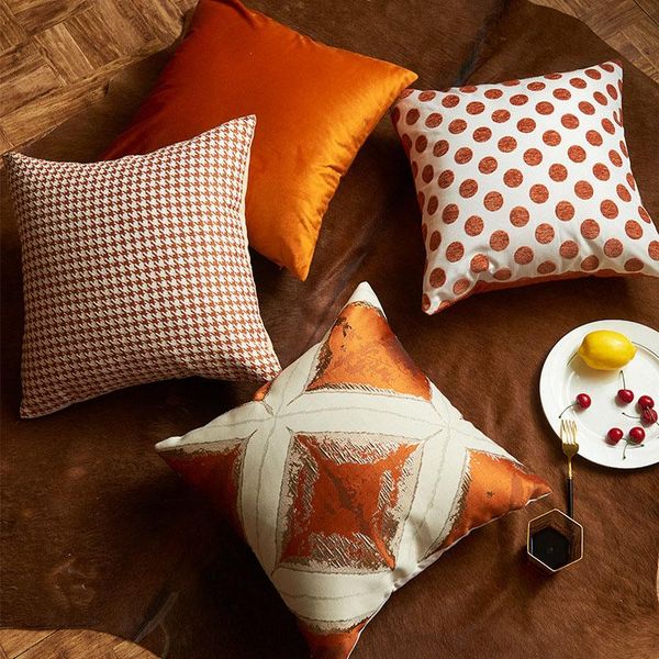 

luxury throw pillowcases orange color velvet dots houndstooth pattern sofa cushion covers fashion decorative square pillow cover pillow case