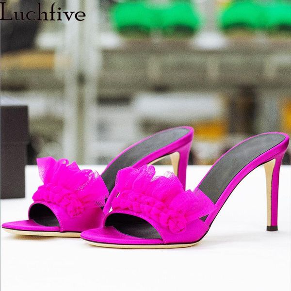 

slippers mesh fringe peep toe women thin high heels summer slides green black tassel leather shoes woman