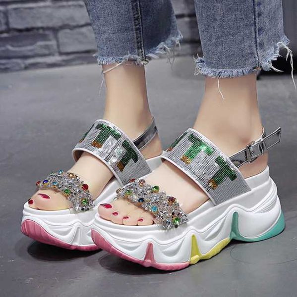 

sandals womens platform high heel rhinestone gladiator chunky summer party shoes, Black