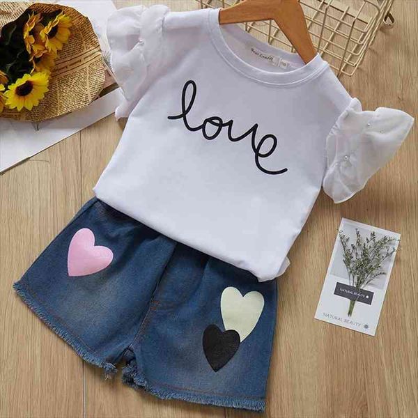 

2 7y fashion baby girls clothes sets ruffles lace sleeve love letter t shirts denim blue shorts, White