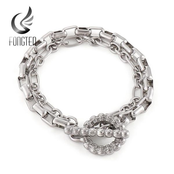 

charm bracelets fongten punk viking skull clasp men's bracelet round cuban chain stainless steel double layer classic fashion jewelry, Golden;silver