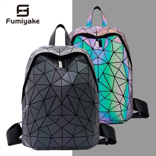 

new luminous women backpack men 15-inch lapbackpacks student school bags holographic geometry travel bagpack bag mochila 210303