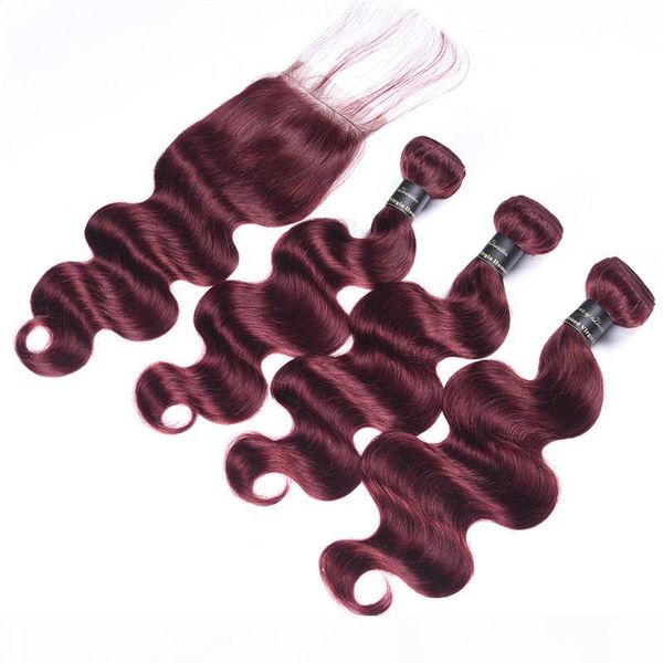 

burgundy brazilian virgin human hair bundles with closure pure color 27# 30# 99j peruvian body wave virgin hair bundles with lace closure, Black;brown