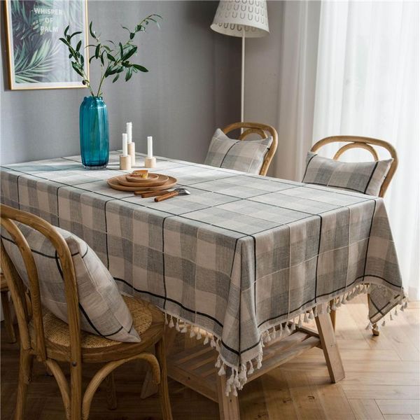 

table cloth vintage grey checkered embroidery tassel tablecloth cotton linen american rectangular coffee cover dining