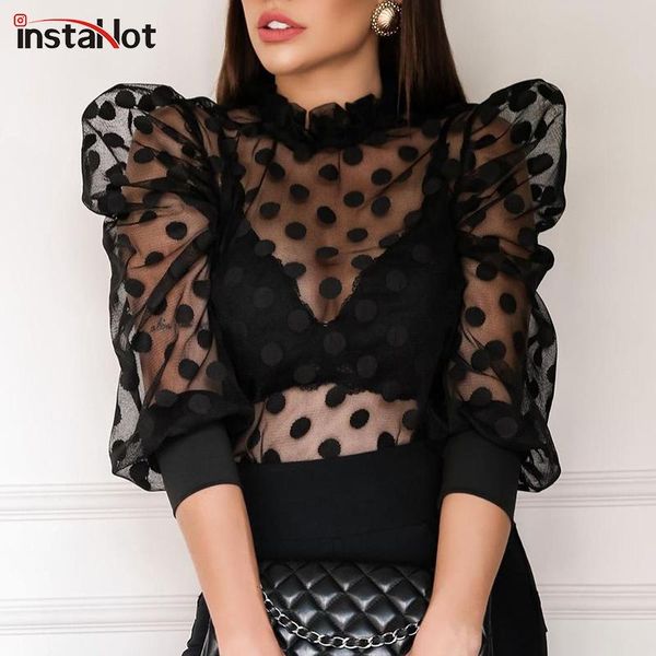 

women's t-shirt insta polka dot women t shirt transparent mesh patchwork lantern sleeve hollow out elegant 2021summer fashion tee, White