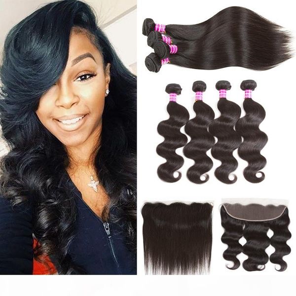 

unprocessed brazilian virgin hair straight human hair bundles with frontal body wave weave bundles with closure wefts remy hair extensions, Black