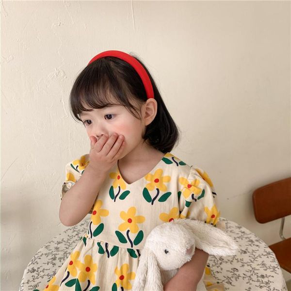 

girl's dresses summer 2021 girls floral casual korean style cute children short sleeve little princess dress 2-6y, Red;yellow