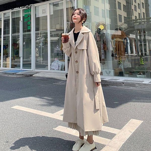 

women's trench coats spring women gentle ol single breasted over knees british style lace-up leisure elegant turn-down collar female in, Tan;black