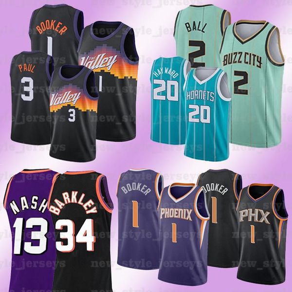 

men7 lamelo 20 gordon booker ball hayward 1 devin 34 charles 13 steve barkley nash phoenix suns charlotte hornets jersey, Black;red