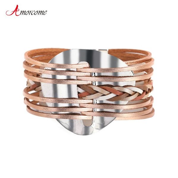 

tennis amorcome fashion women magnetic buckle bracelet big metal heart charm multilayer braided leather wrap bracelets boho jewelry, Golden;silver