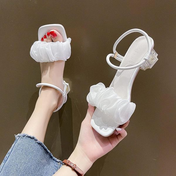 

sandals outside low-heeled shoes with strap square toe two weare 2021 summer med ankle clear girls fashion block medi, Black